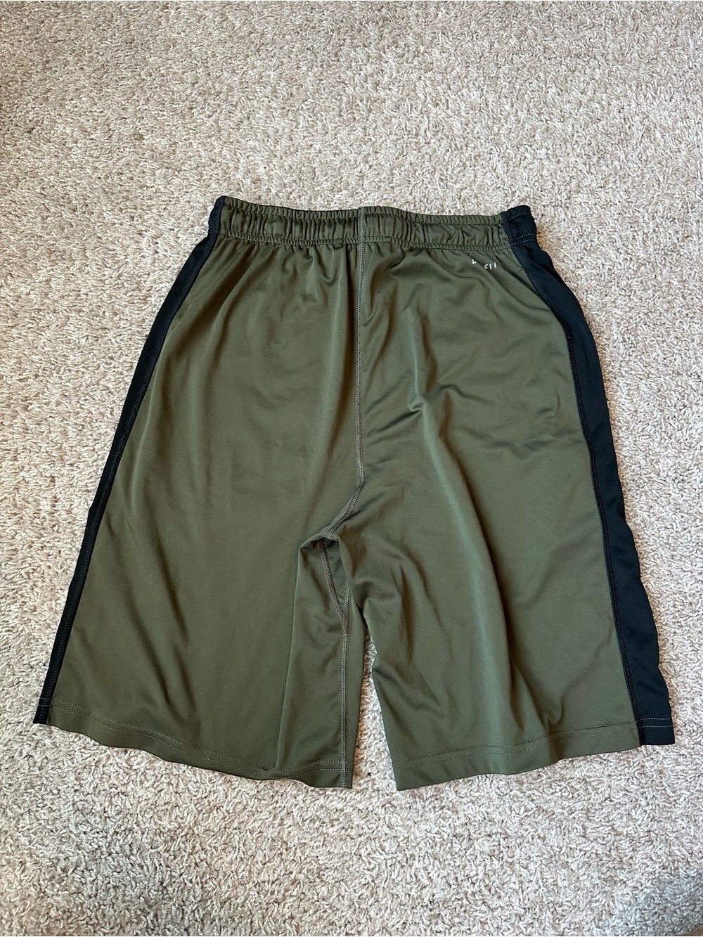 Nike Men’s Olive Green Athletic Shorts with Black Side Panels and Swoosh - Picture 3 of 4